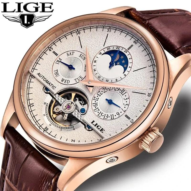 LIGE hommes montres automatique montre mécanique Tourbillon horloge en cuir véritable montre étanche