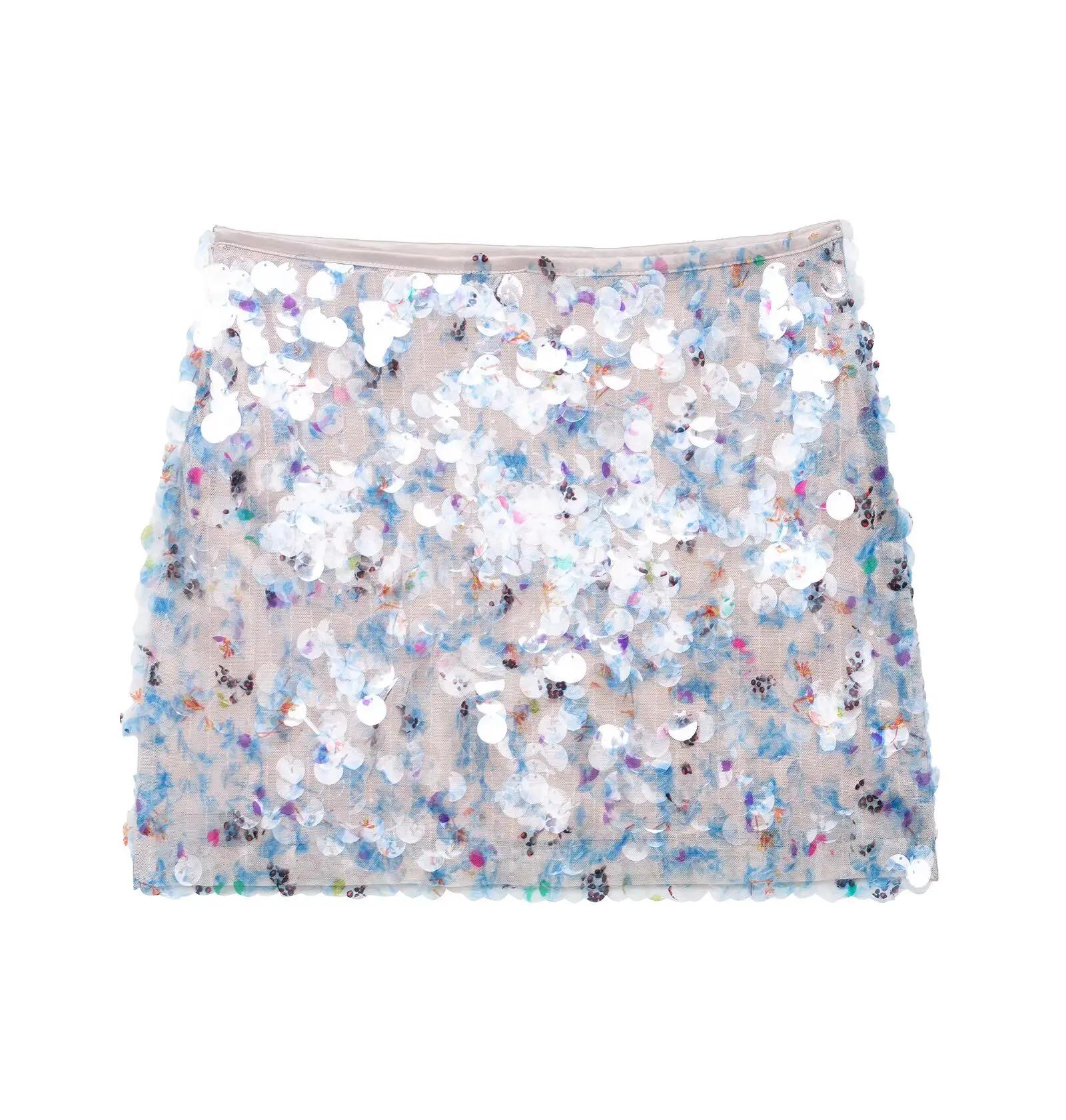 DUOPERI femmes Y2K avec paillettes solide a-ligne Mini jupe côté fermeture éclair taille haute femme