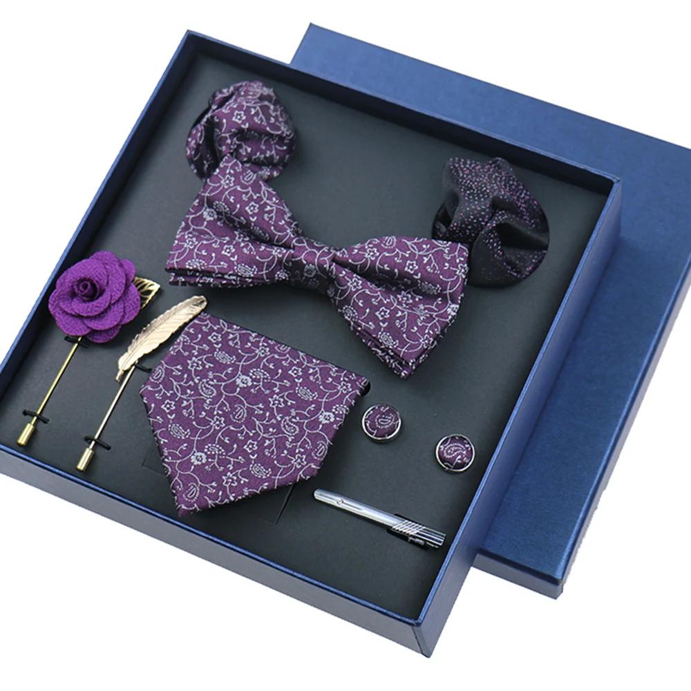 Ensemble de 8 pièces d'affaires, cravates bleues pour hommes, broches florales, boutons de manchette