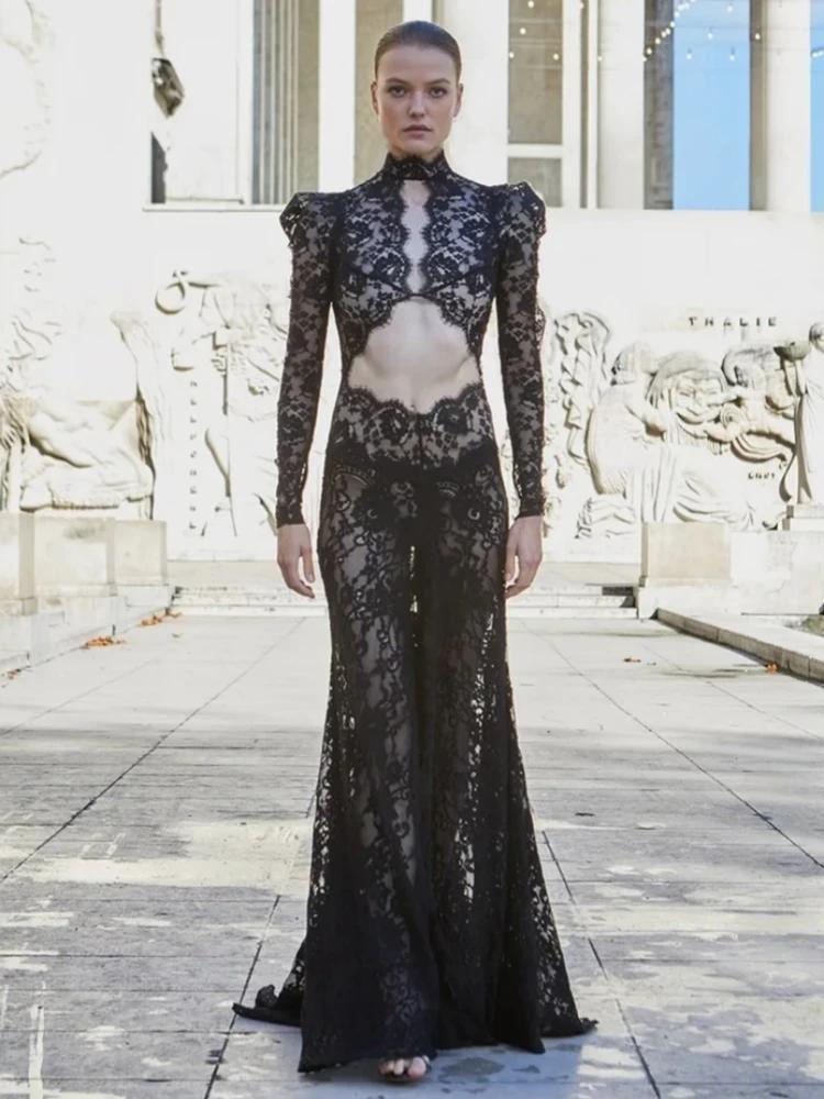 Robe longue en dentelle ajourée pour femmes, Sexy, manches longues, Design, noire, col rond, fendue,