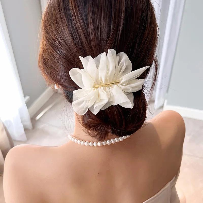 Grand printemps pinces à cheveux femmes métal mousseline de soie fleurs élastique pour queue de chev