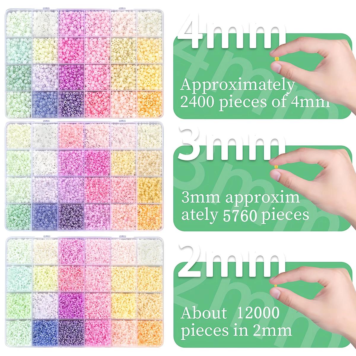 Kit d'assortiment de perles de rocaille en verre 24 couleurs, 2/3/4mm 12000/5760/2400 pièces de perl