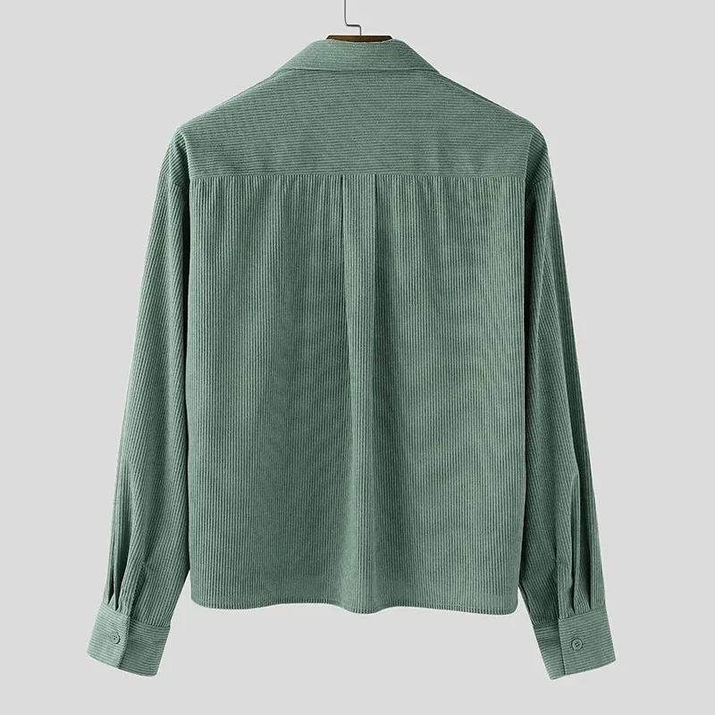 Chemises courtes en velours côtelé pour hommes, manches longues, couleur unie, col de costume, chemi