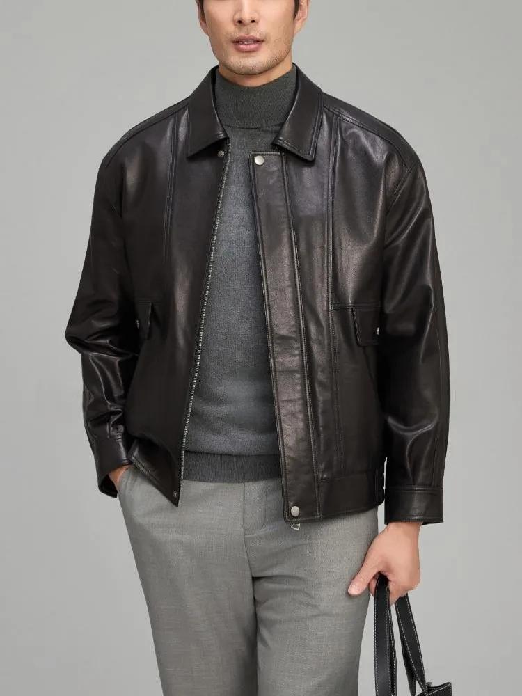 Nouveau Designer extérieur hommes en peau de mouton en cuir véritable vestes manteau col rabattu man