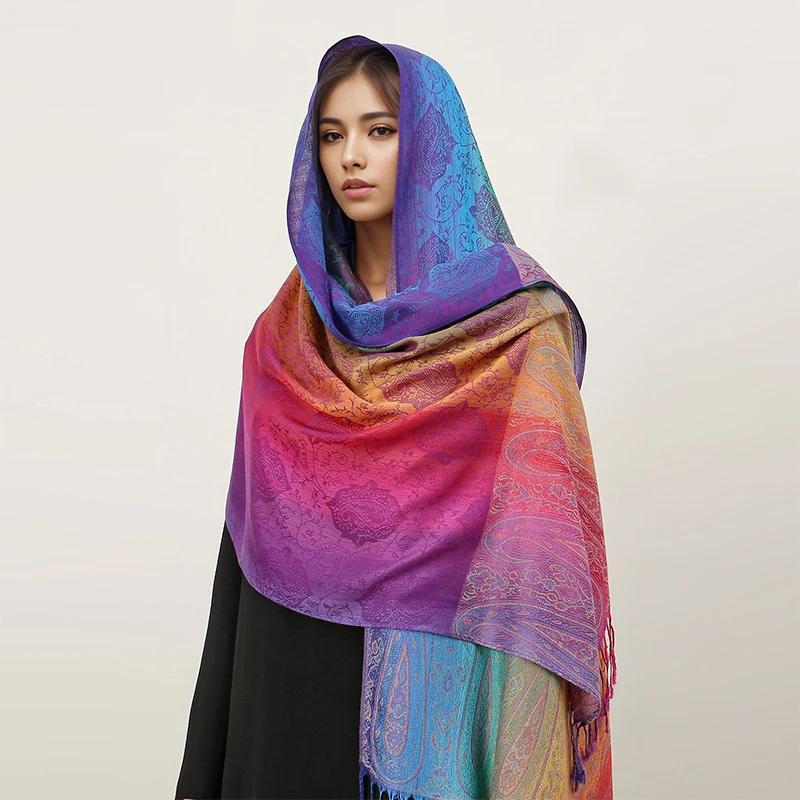 Couleurs arc-en-ciel hiver chaud épais Style ethnique Jacquard écharpe femmes voyage musulman Hijab