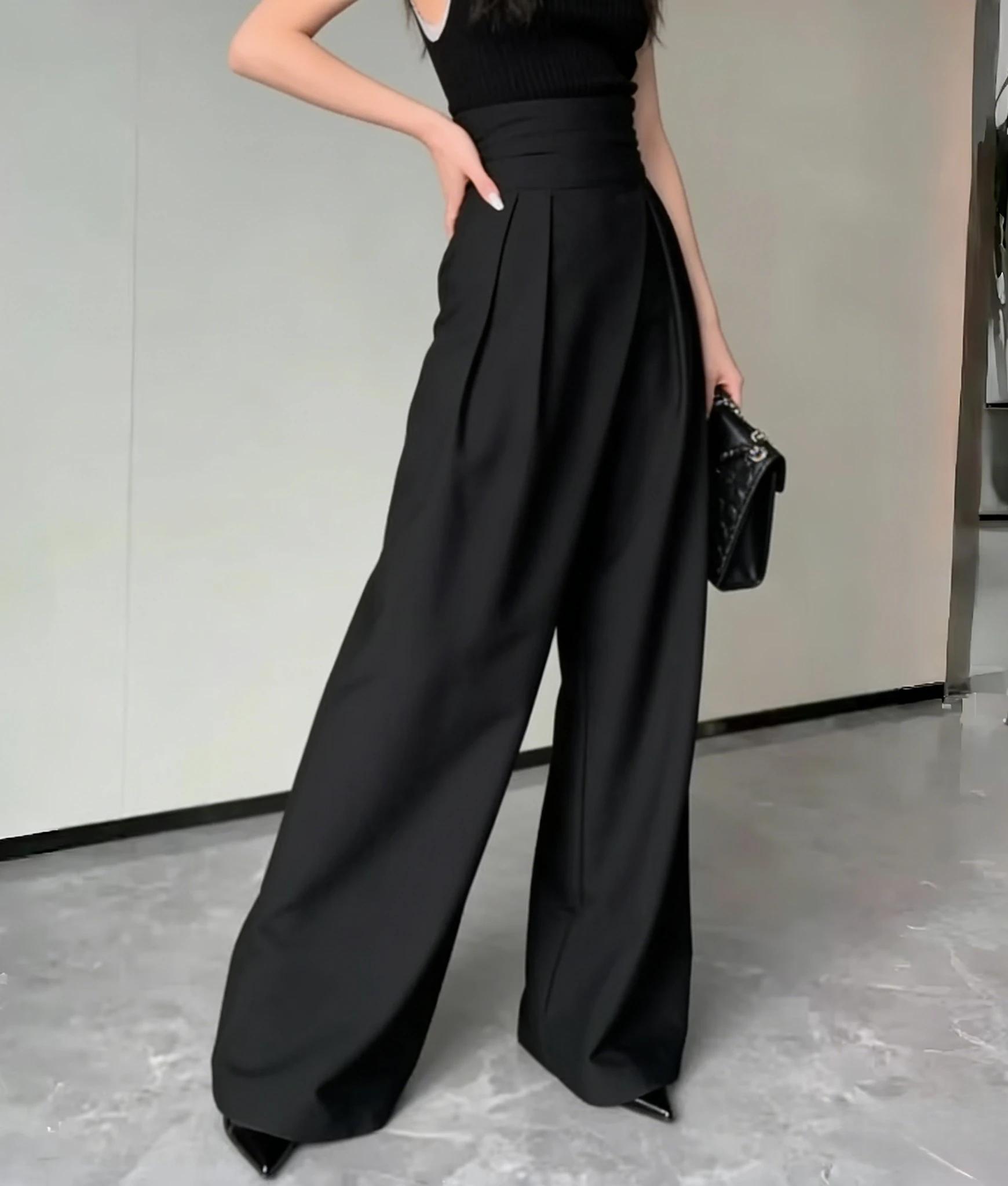 Nouveau pantalon noir pour femme, printemps-été, décontracté, taille haute, coupe large, style taill