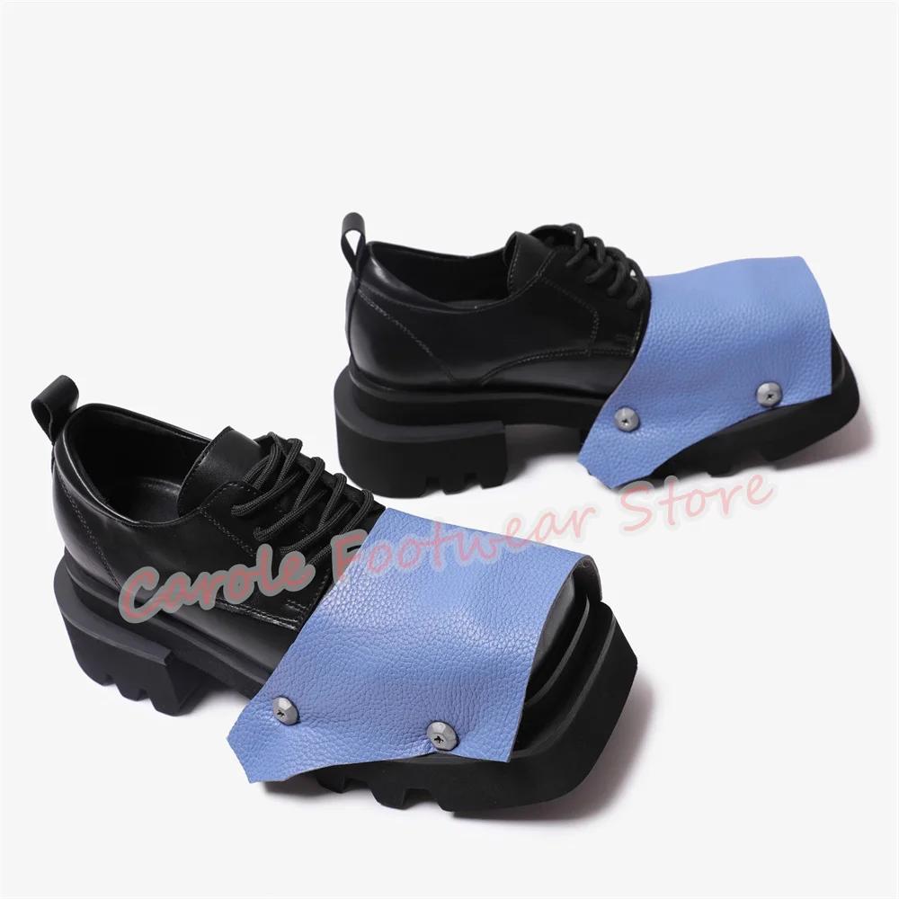 Mode couleur mixte cuir épissage Derby chaussures pour hommes Punk Rivet bout carré talon épais moca