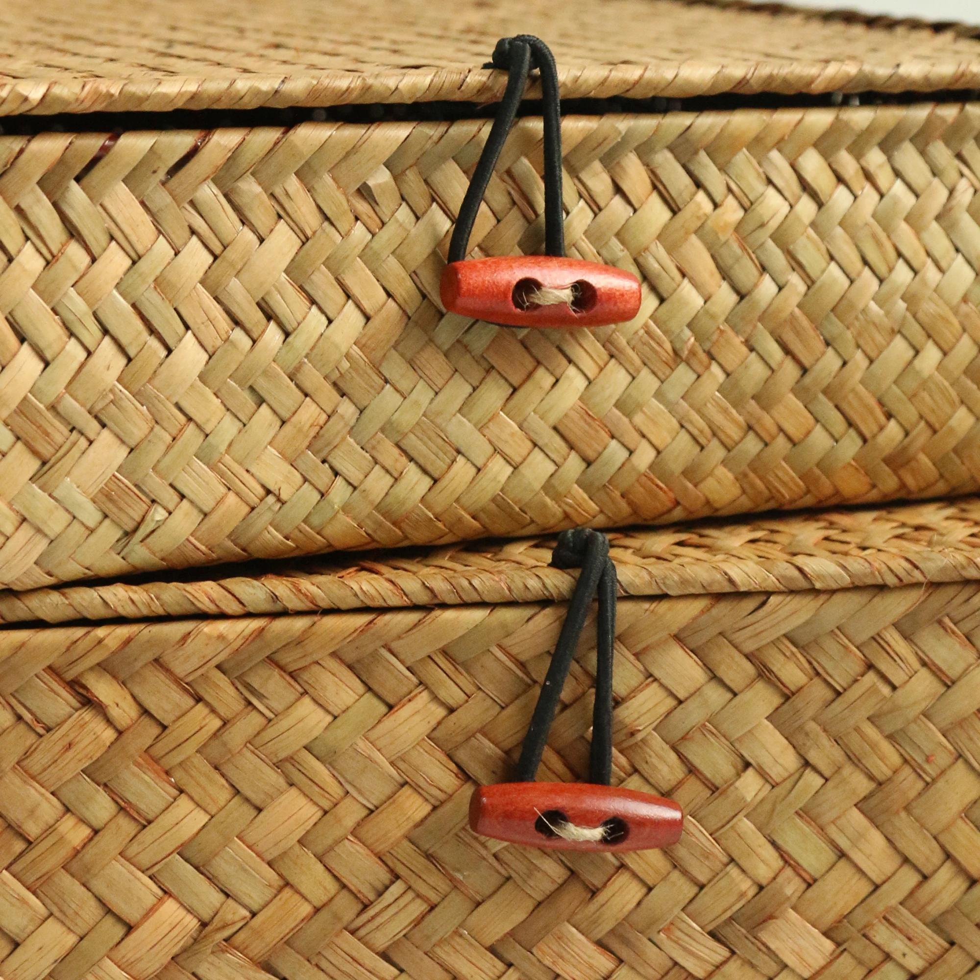 Paniers en jonc de mer avec couvercle, 2 pièces, panier de rangement en osier, bacs de rangement pla