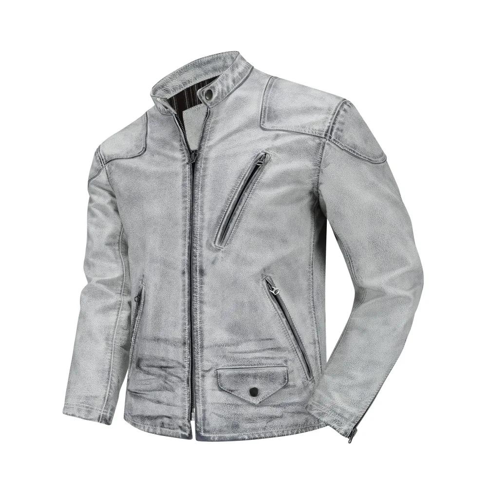 Veste en cuir véritable vieilli pour homme, style rétro, finition usée, col montant, classique, en c