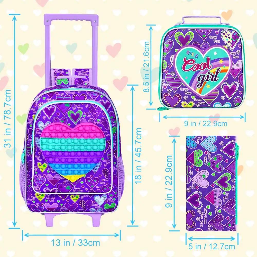 Sac à dos roulant 3 pièces pour filles, sac à livres à roulettes pour enfants, sac d'école à roulett