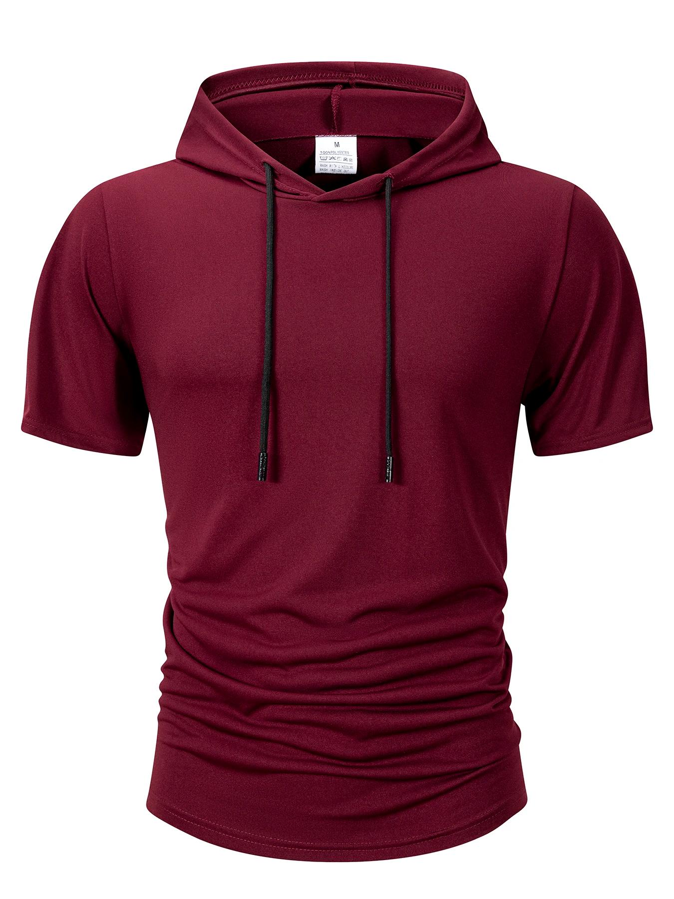 Sweat-shirt à capuche pour hommes, décontracté, manches courtes, ample, couleur unie, léger, Fitness