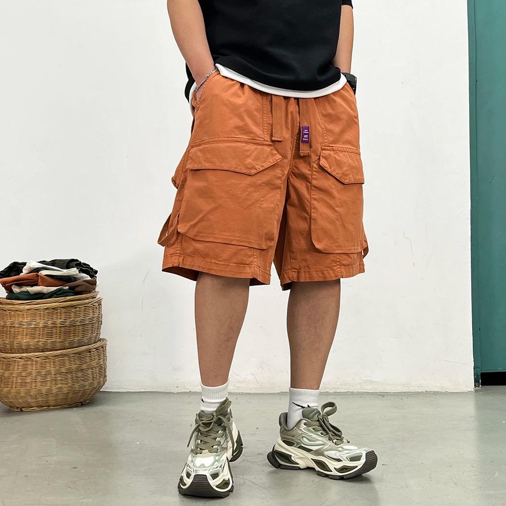 Short Cargo délavé de Style japonais pour hommes, Streetwear Vintage, Baggy, grandes poches, surdime