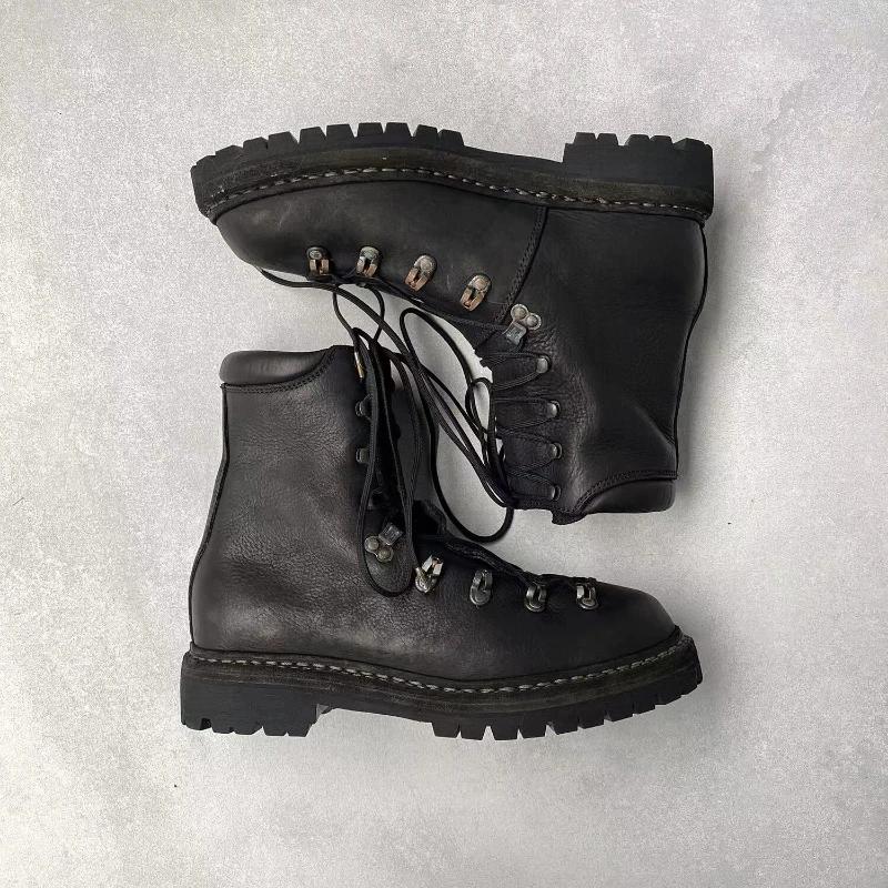 Bottes de moto en cuir véritable pour hommes, chaussures d'alpinisme à lacets en métal, bottes de ra