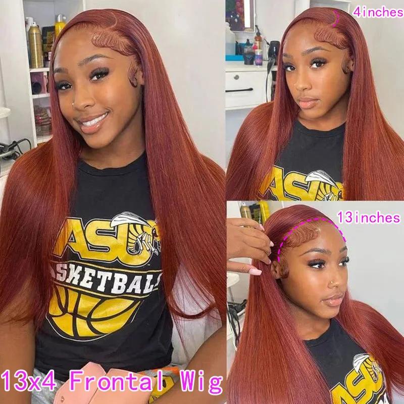 Perruque Lace Frontal Wig brésilienne naturelle lisse, cheveux lisses, brun rougeâtre, 32 pouces, 13
