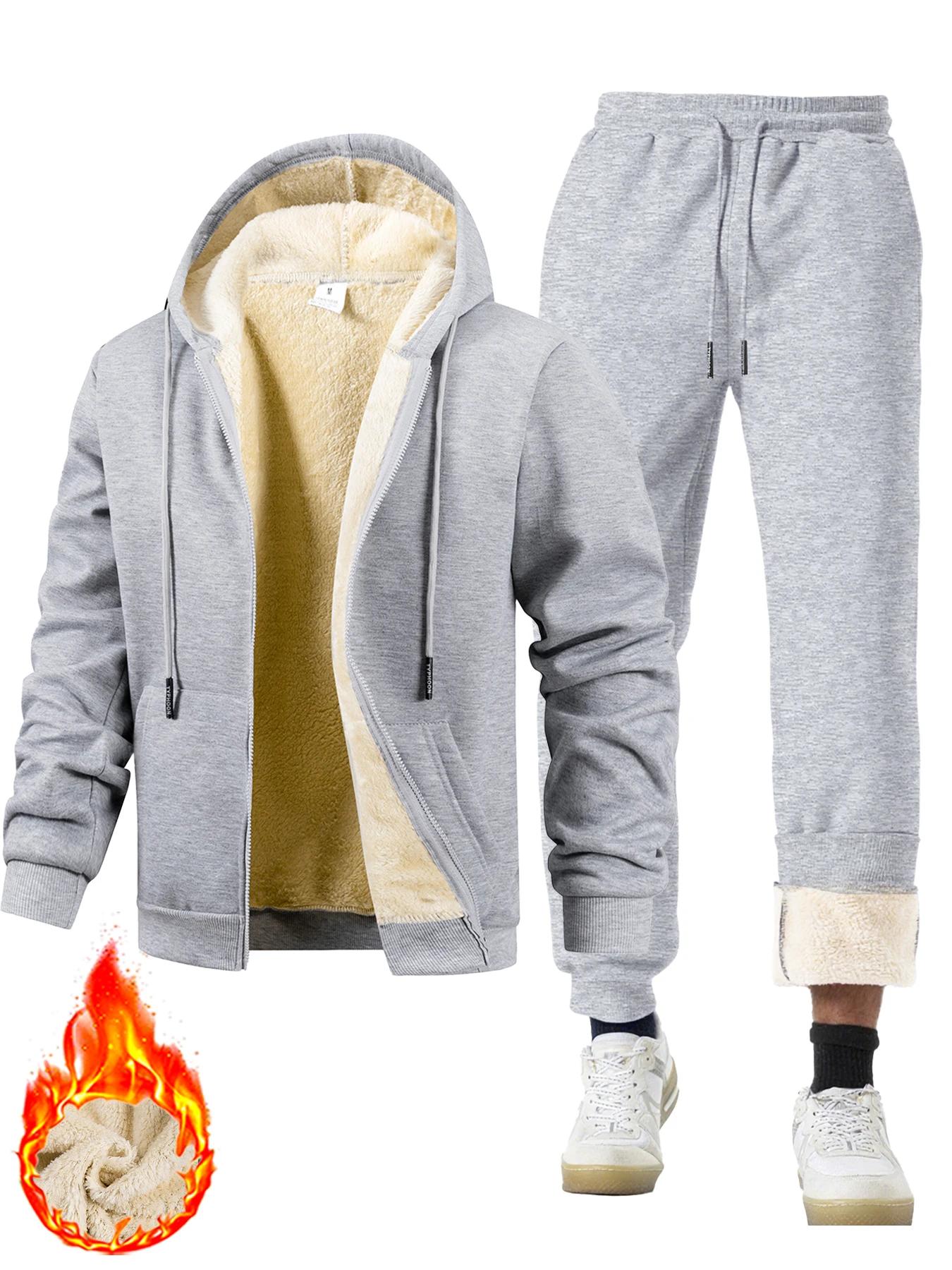 Costume deux pièces pour hommes, survêtement en peluche épais, veste de sport chaude + pantalon, com