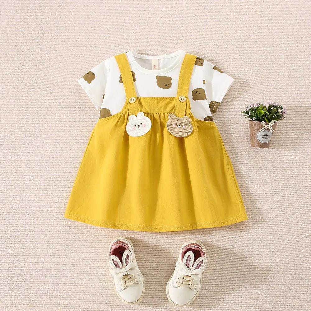 Robe d'été en coton pour petites filles, imprimé ours en peluche, manches courtes, fausse robe à bre