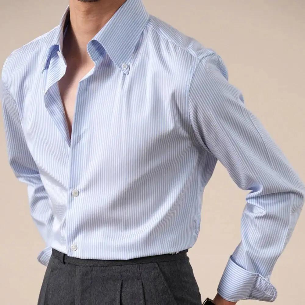 Chemise à manches longues rayée anti-rides pour hommes, style italien, chemise décontractée pour aff
