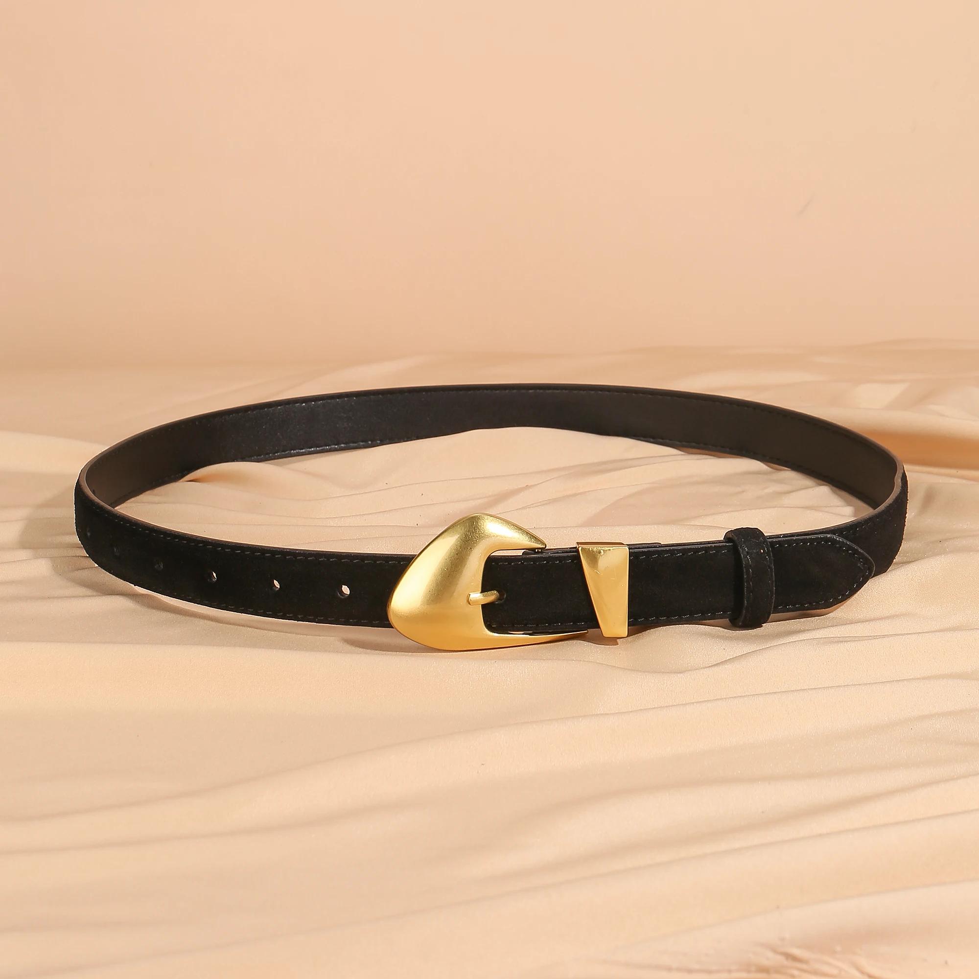 Ceinture de luxe en cuir de vache et daim pour femmes, Style Vintage avec boucle dorée, ceinture de