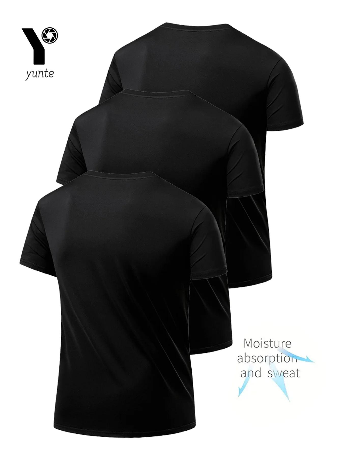 T-shirt col rond 3 pièces noir ultra-léger pour hommes, séchage rapide, respirant, absorbant la sueu