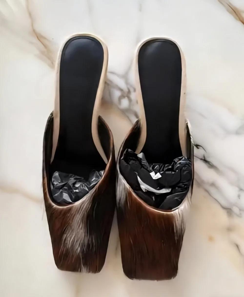 Sandales mules à bout carré imprimé vache, style western, avec fourrure de luxe et talon carré, pour