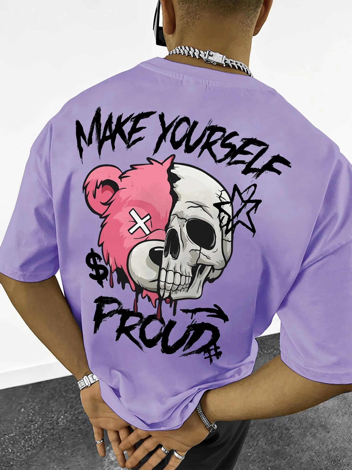 T-shirt col rond pour hommes européens et américains, imprimé crâne ours, confortable et respirant,