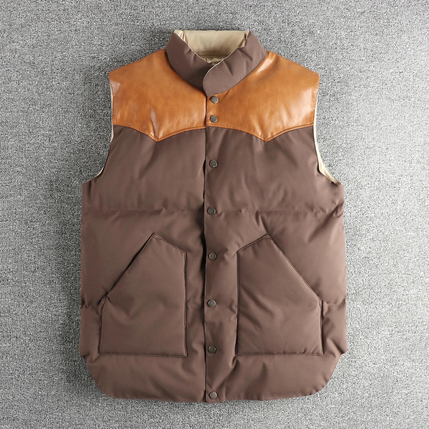Gilet sans manches en laine de soie pour hommes, gilet épissé en PU, haut léger et chaud, tendance r