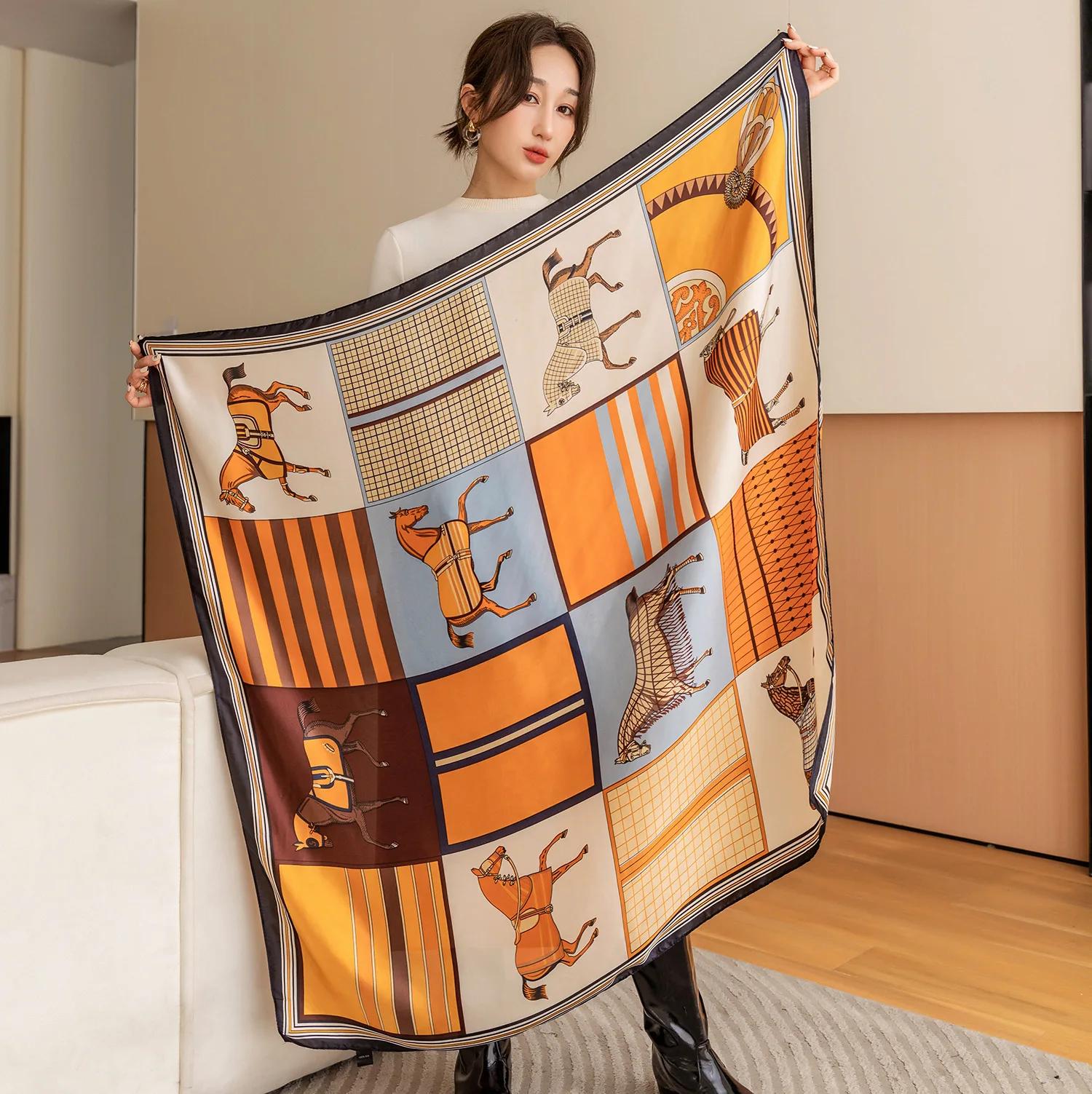 Foulard carré imprimé cheval de luxe, châle Vintage en Imitation soie pour femmes, coupe-vent, envel