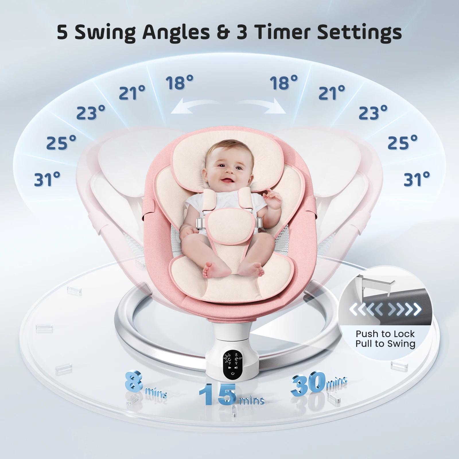 Balançoire électrique bébé avec 3 minuteries, application et télécommande - 5 vitesses, 10 musiques Bluetooth rose