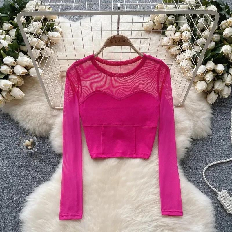 Femmes Chic maille transparente Patchwork à manches longues haut court mince Sexy coréen T-shirt mod