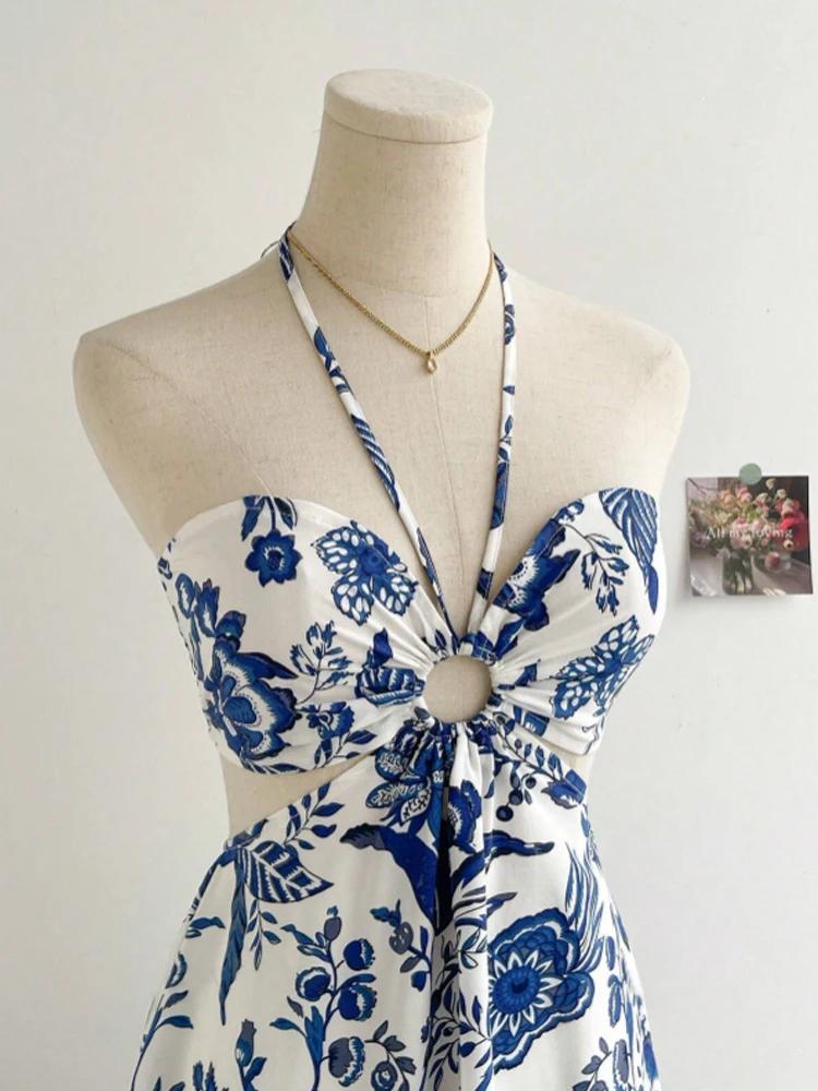 Robe romantique à imprimé Floral pour femmes, col licou, Sexy, à la mode, facile à créer, paresseux,