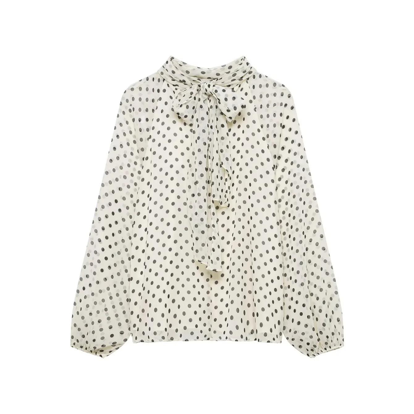 Chemise à manches longues à pois pour femmes, mode printemps automne, chemise à nœud à lacets, chemi