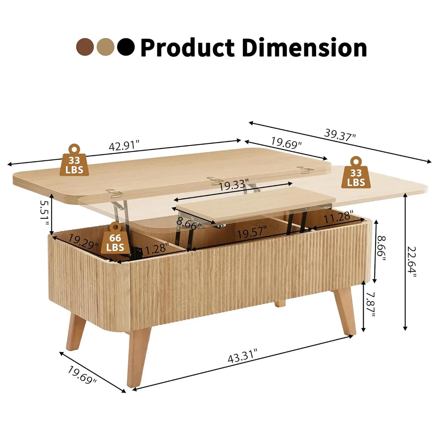 Table basse relevable 3-en-1, tables basses convertibles cannelées transformables en tables à manger