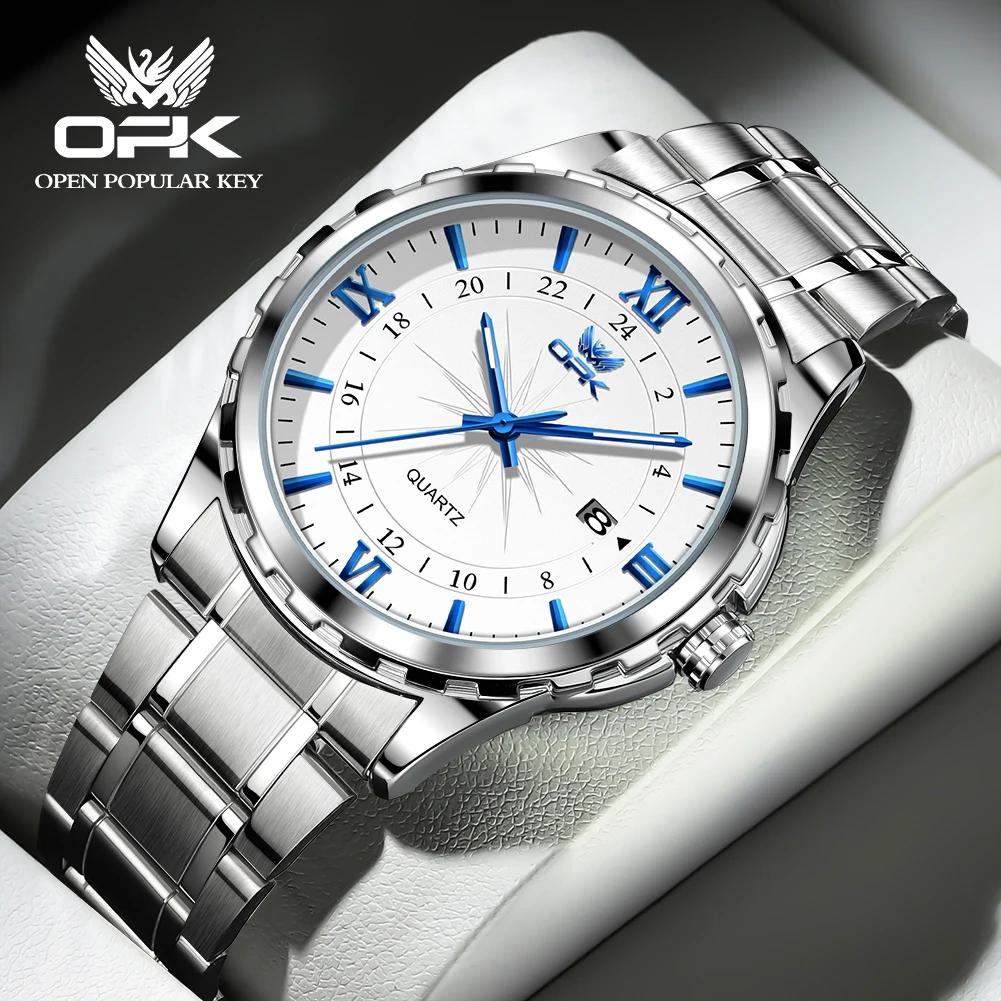 Montre à quartz pour hommes avec ceinture en acier de marque OPK à double calendrier 6003