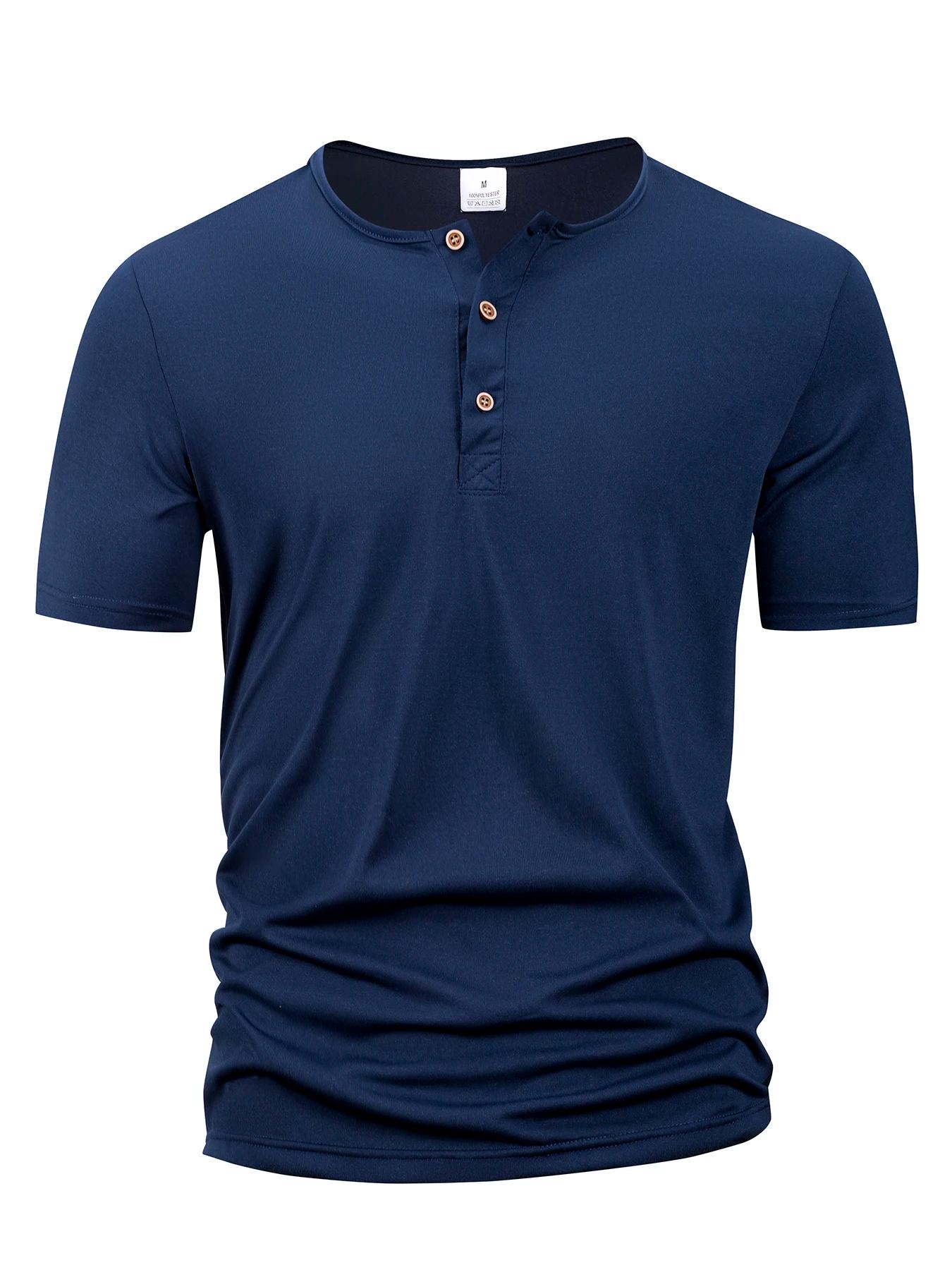 Été hommes col Henley T-shirts bouton mince décontracté mâle couleur unie à manches courtes hommes s