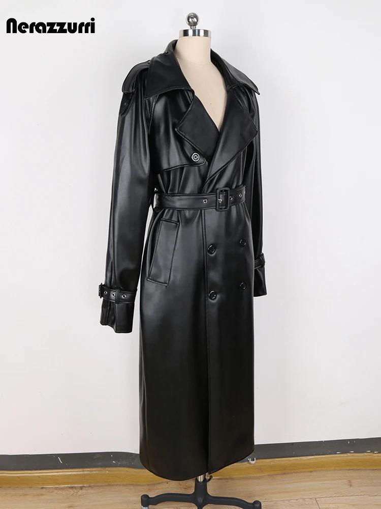 Nerazzurri-Manteau long en cuir PU pour homme, pardessus croisé, coupe-vent, imperméable, noir, cein
