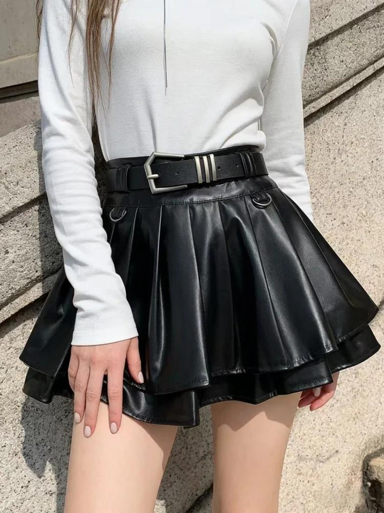 Jupe trapèze en cuir noir pour femme, vintage, esthétique, plissée, Harajuku, coréen, gothique, Mini