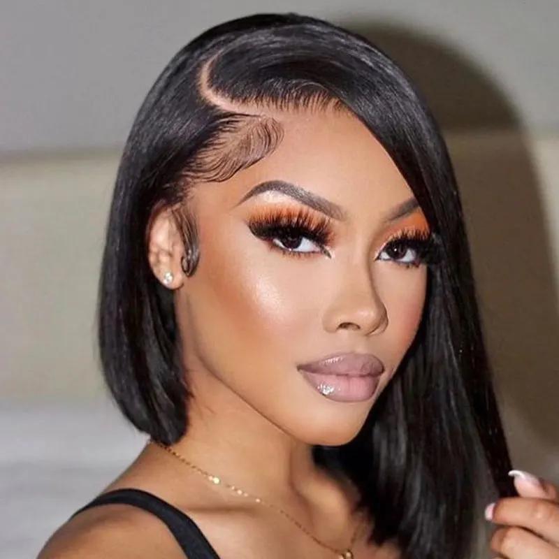 Perruque Bob Lace Wig Brésilienne Naturelle Sans Colle, Cheveux Lisses, Prêt à vitation, Partie Laté