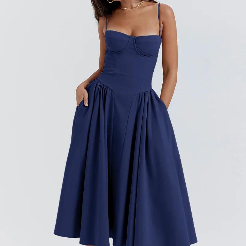 Robe mi-longue plissée dos nu pour femme, élégante, sexy, solide, fronde, soirée, robes trapèze, été