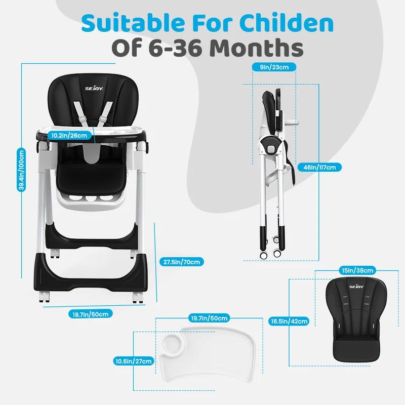 Chaise haute pour bébé Sejoy réglable avec harnais 5 points, plateau à 3 niveaux et roulettes, certi