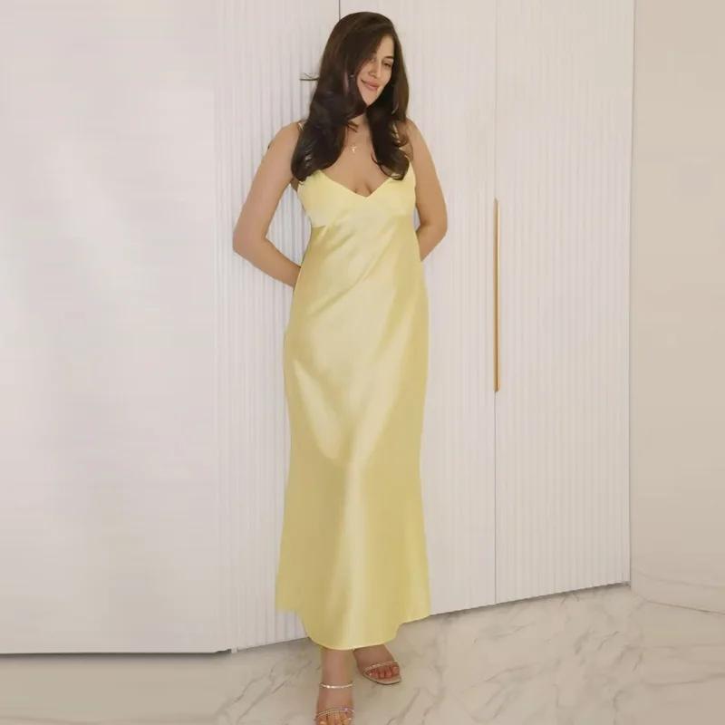 HXAO femmes jaune robe d'été 2025 femme Satin col en v robes de soirée élégante soirée sans manches