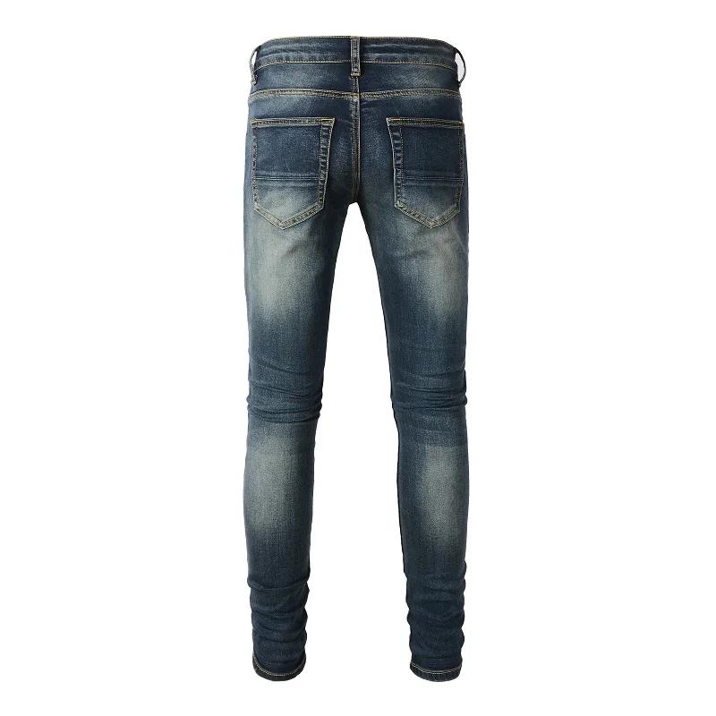 Jean en Denim pour hommes, patchs en cuir noir, Streetwear, pantalon slim conique, trous déchirés, p