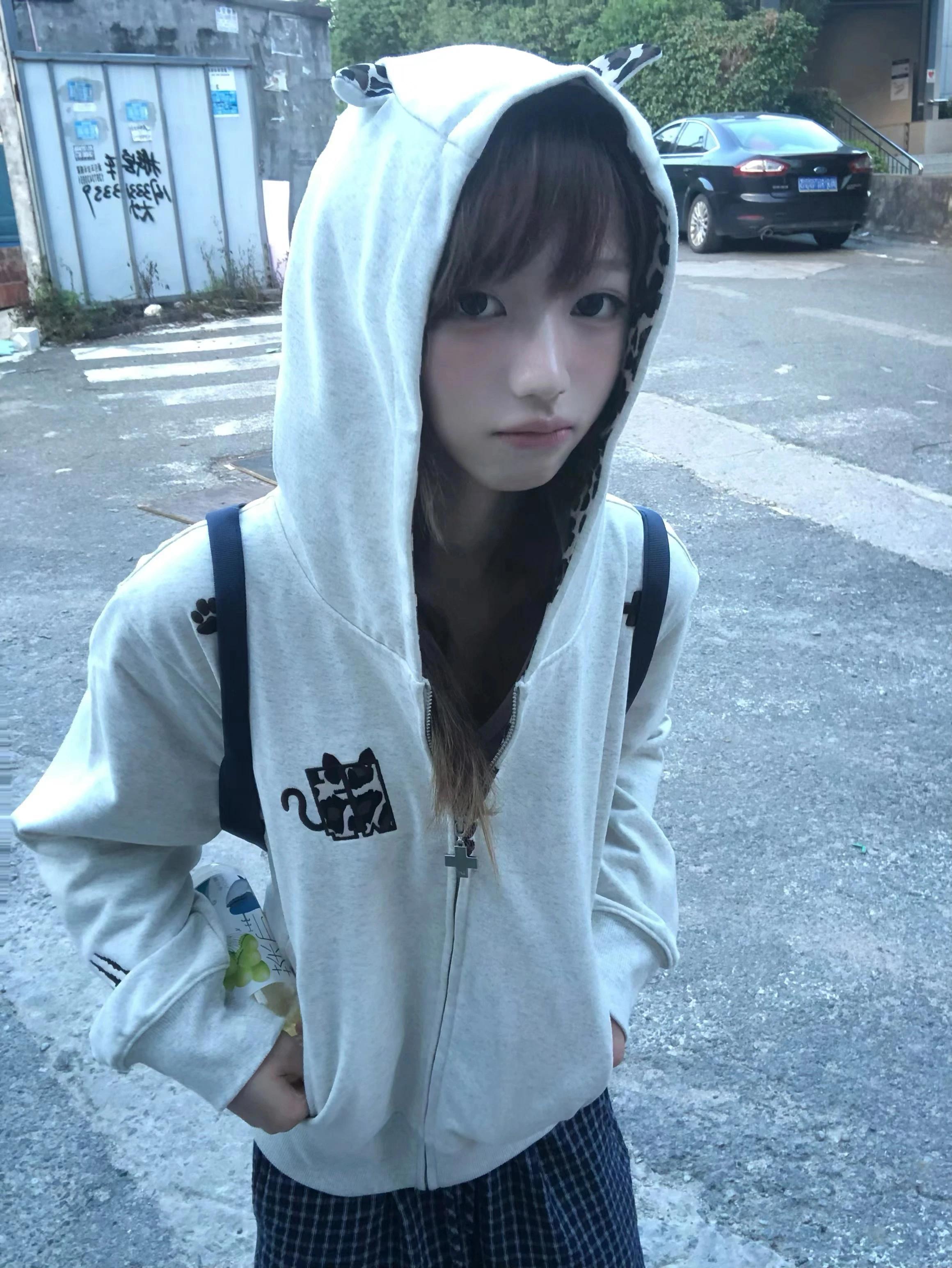 Veste à capuche Karrram style Y2K japonais, imprimé chiot, style années 2000, vêtement d'extérieur v