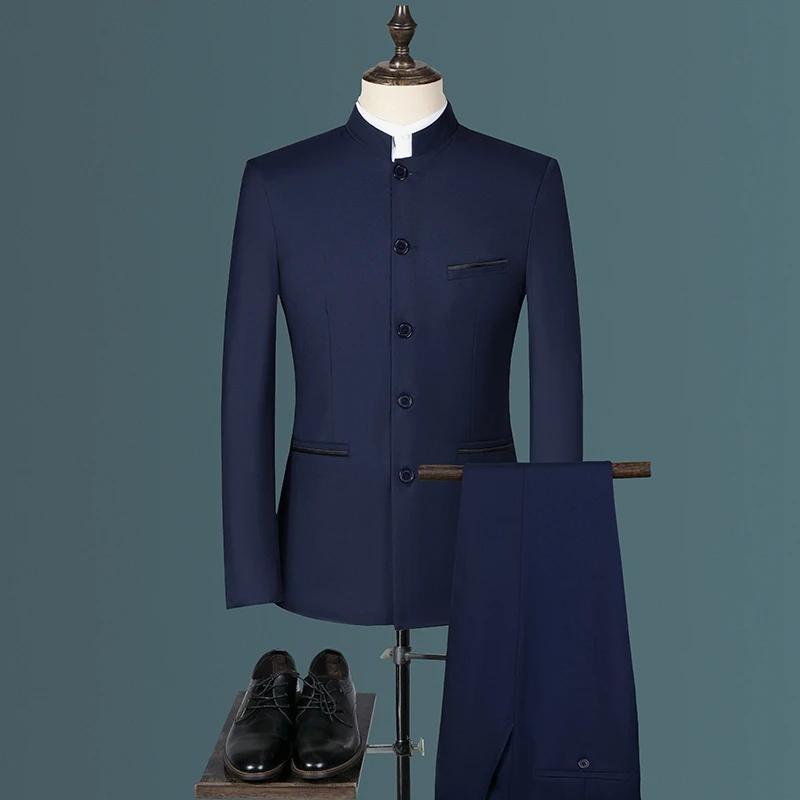 Costume Zhongshan de style coréen pour hommes d'affaires, à la mode, cool, décontracté, col montant,