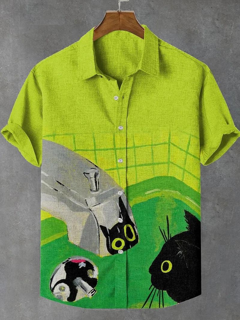Chemises graphiques de chat pour hommes, chemise à manches courtes boutonnée à revers pour l'été, ha
