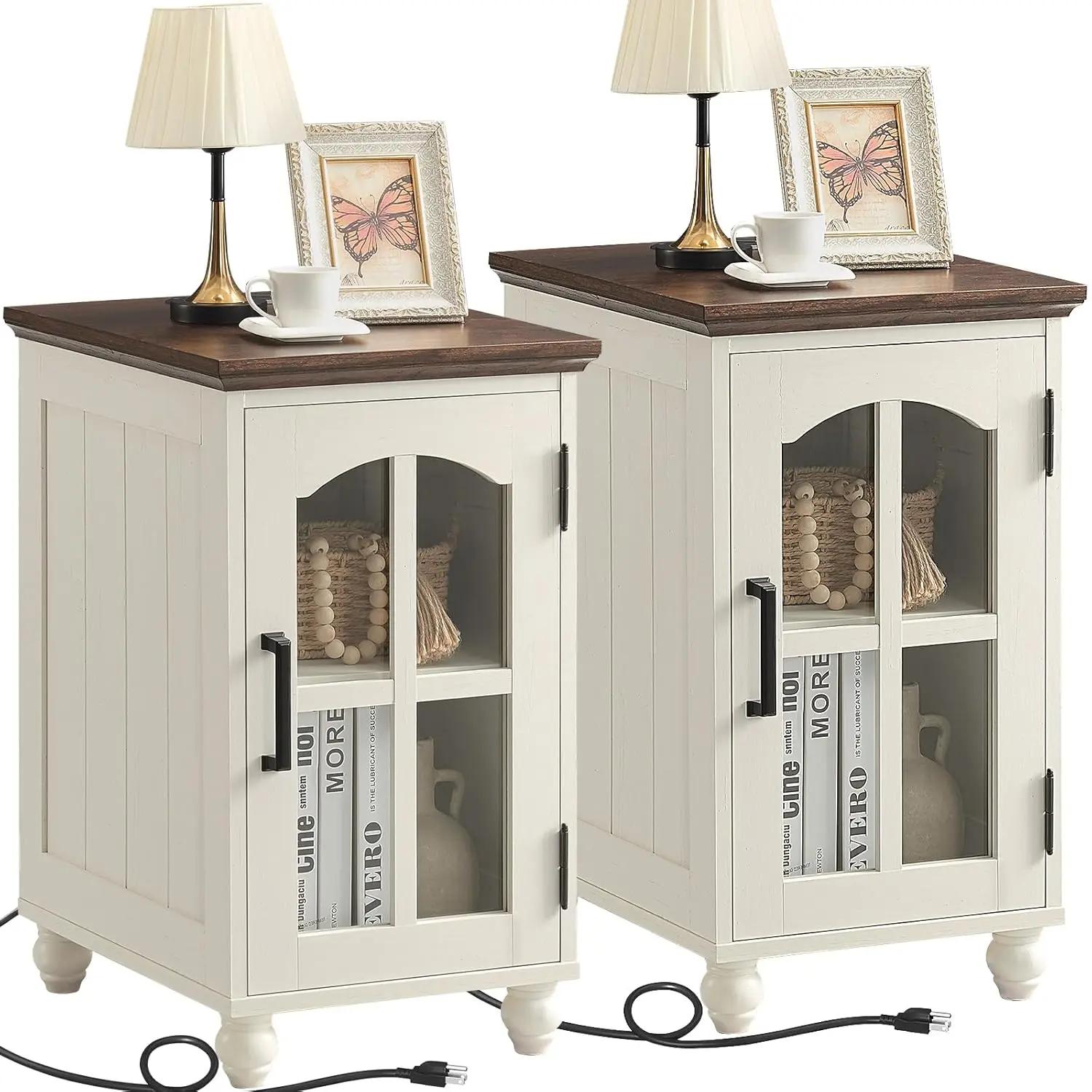 Ensemble de 2 tables d'appoint étroites blanches avec station de charge, table d'appoint en verre st