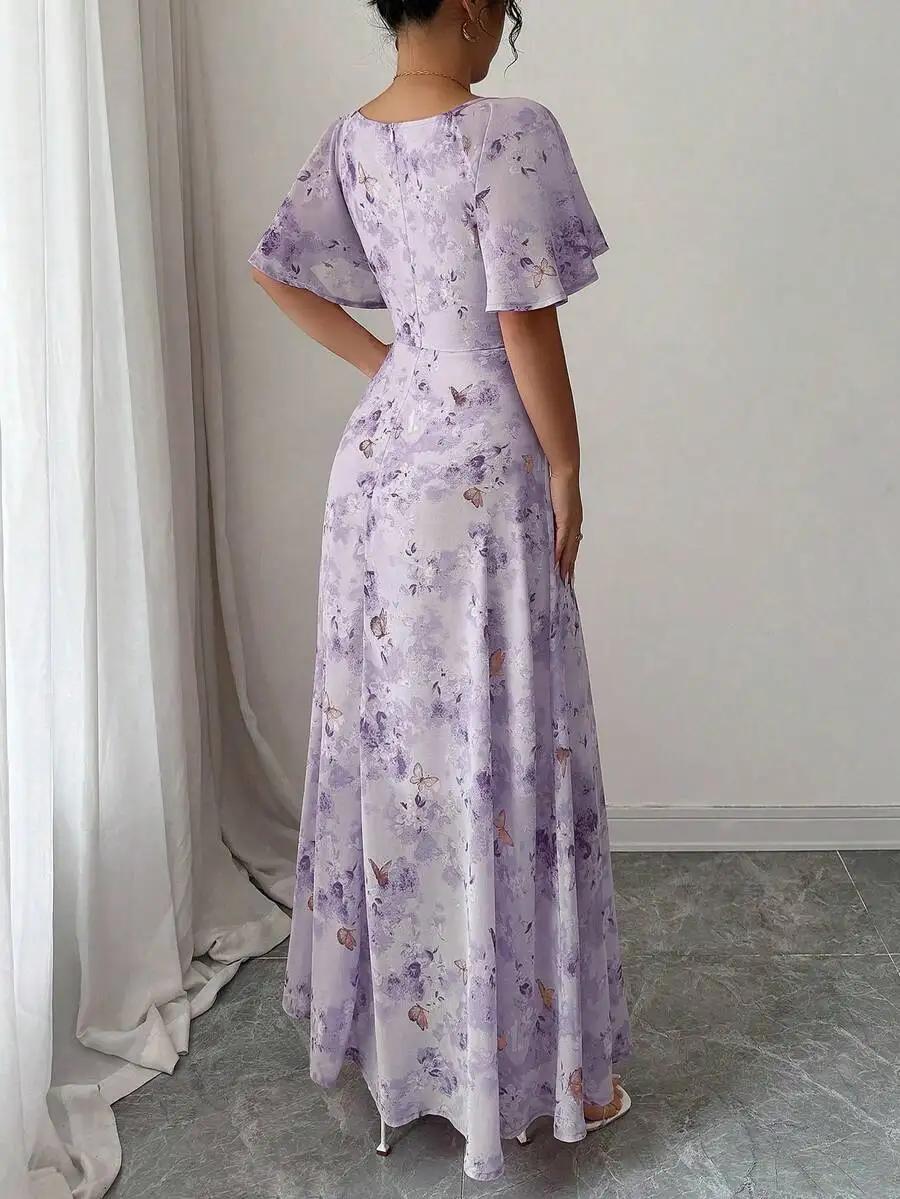 Mini robe de style français pour femmes, avec imprimé papillon violet, manches chauve-souris et ferm