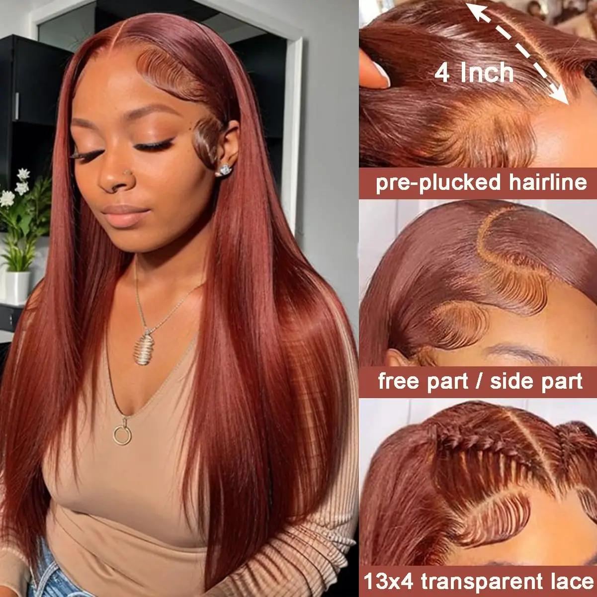 Perruque Lace Front Brésilienne Naturelle Cheveux Lisses, Brun Rousse, 13x4, 13x6, HD, 5x5, Pre-Pluc