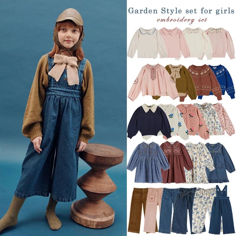 Pull pour enfants, série EM, Style campagnard, chemise à fleurs brodée, pantalon long, salopette, en