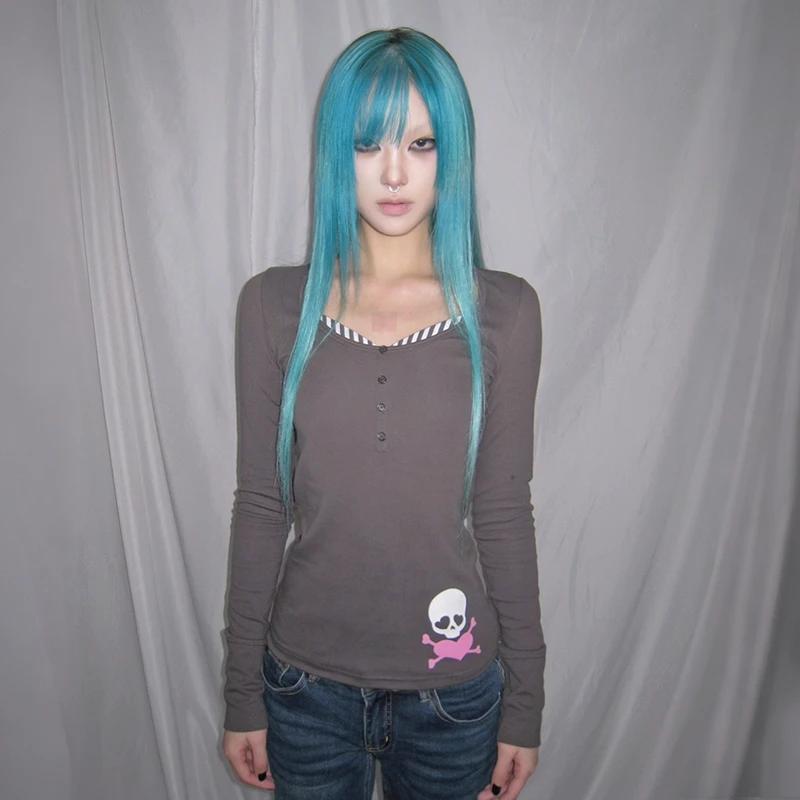 Karrcat Trashy Y2k T-shirt imprimé crâne Grunge esthétique faux deux pièces hauts Vintage années 200