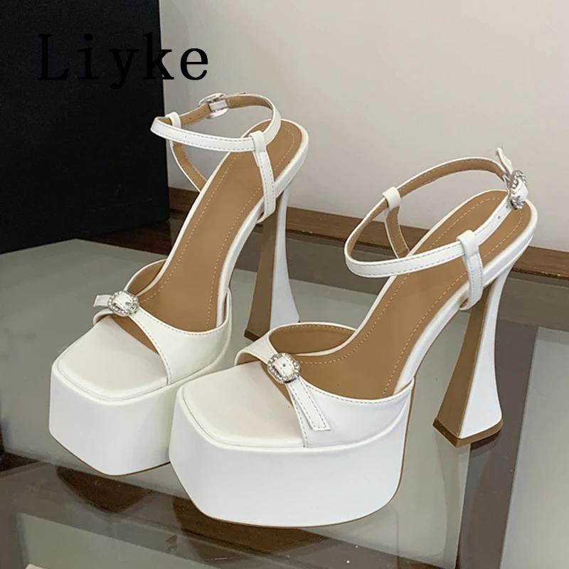 Liyke – sandales à plateforme avec boucle en cristal pour femmes, chaussures à talons hauts blancs à